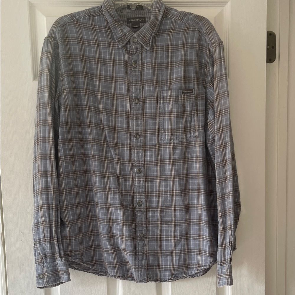Eddie Bauer Men's Gray and Blue Plaid Button Down Shirt